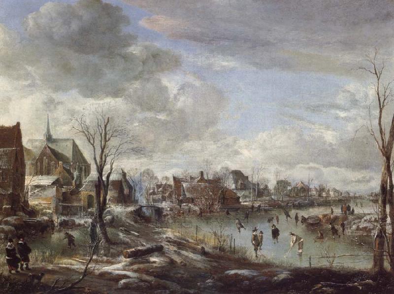 Aert van der Neer A Frozen River Near a Village,with Golfers and Skaters China oil painting art